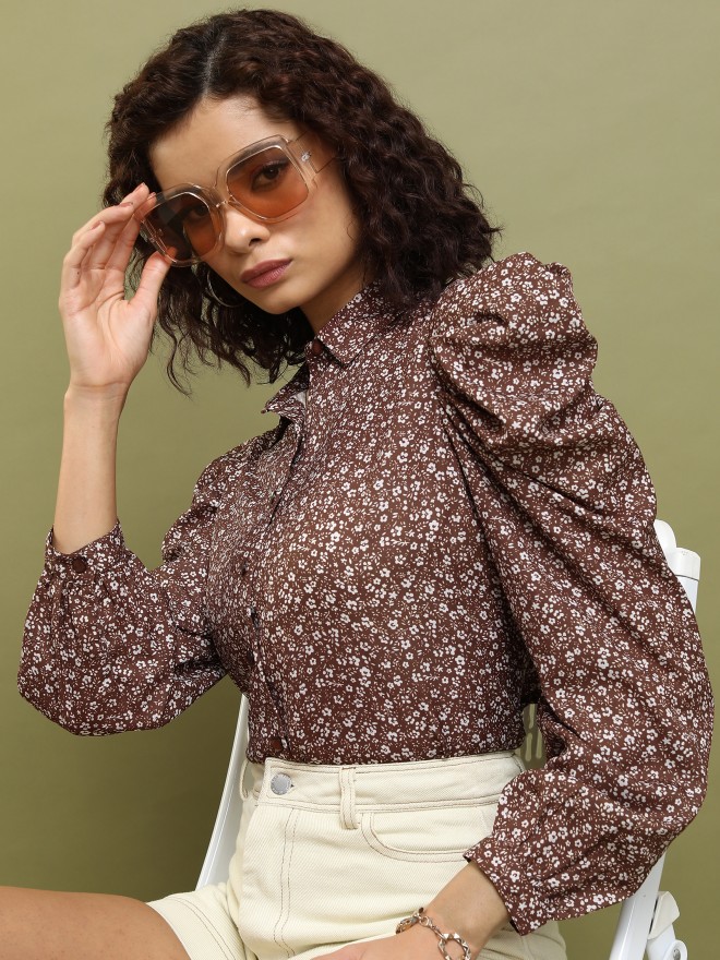 Tokyo Talkies Women Brown Printed Regular Tops 