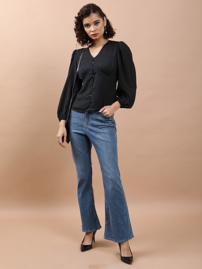 Tokyo Talkies Women Black Solid Blouson Tops 