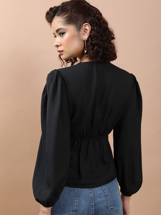 Tokyo Talkies Women Black Solid Blouson Tops 