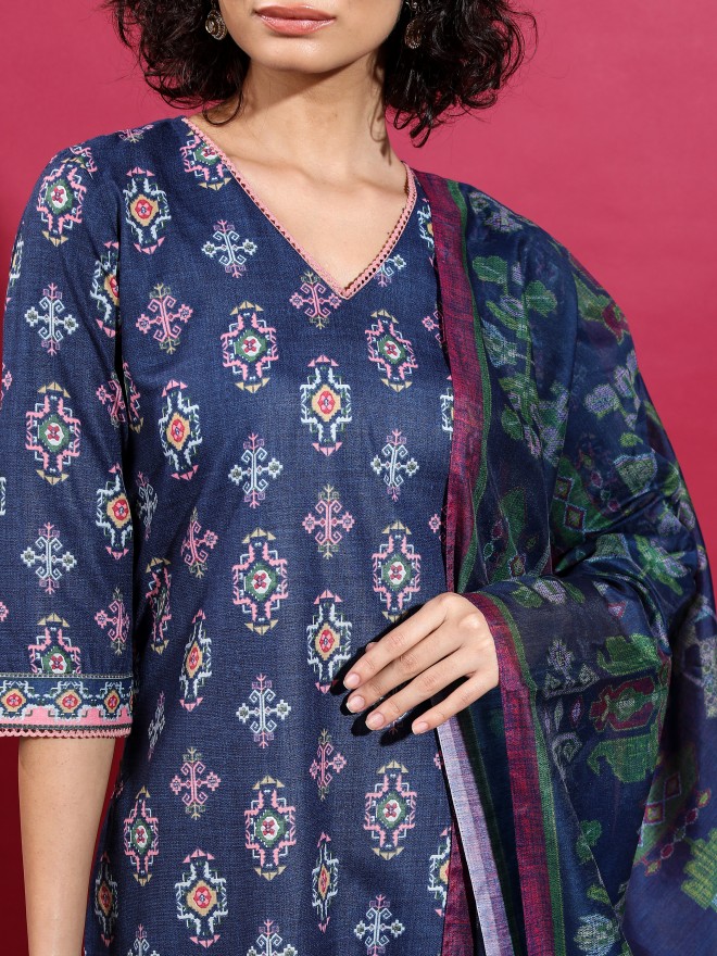 Vishudh Women Navy Blue Printed Kurta Sets 