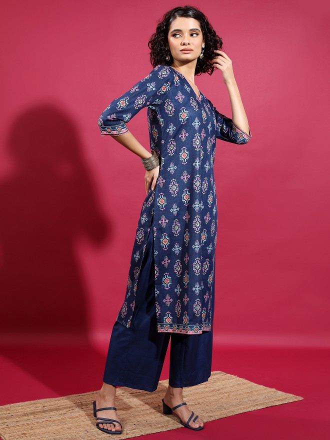 Vishudh Women Navy Blue Printed Kurta Sets 