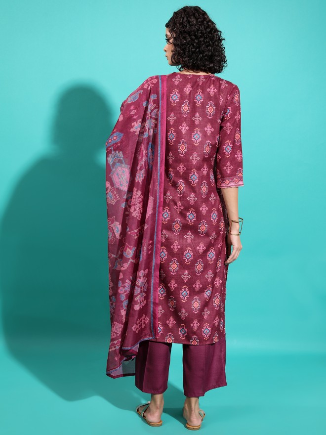 Vishudh Women Maroon Printed Kurta Sets 