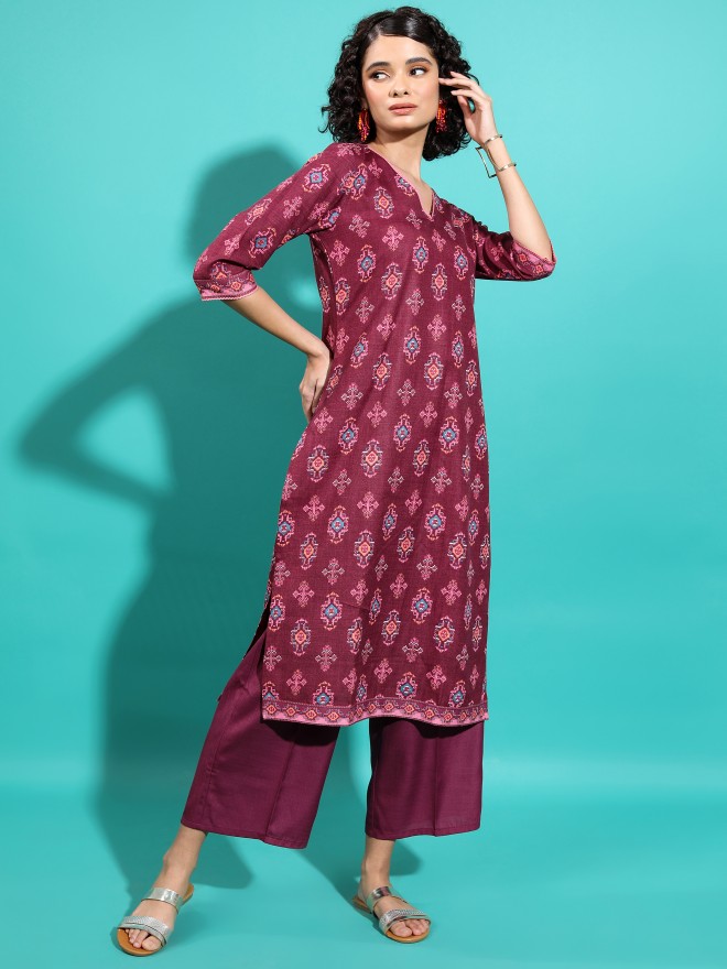 Vishudh Women Maroon Printed Kurta Sets 