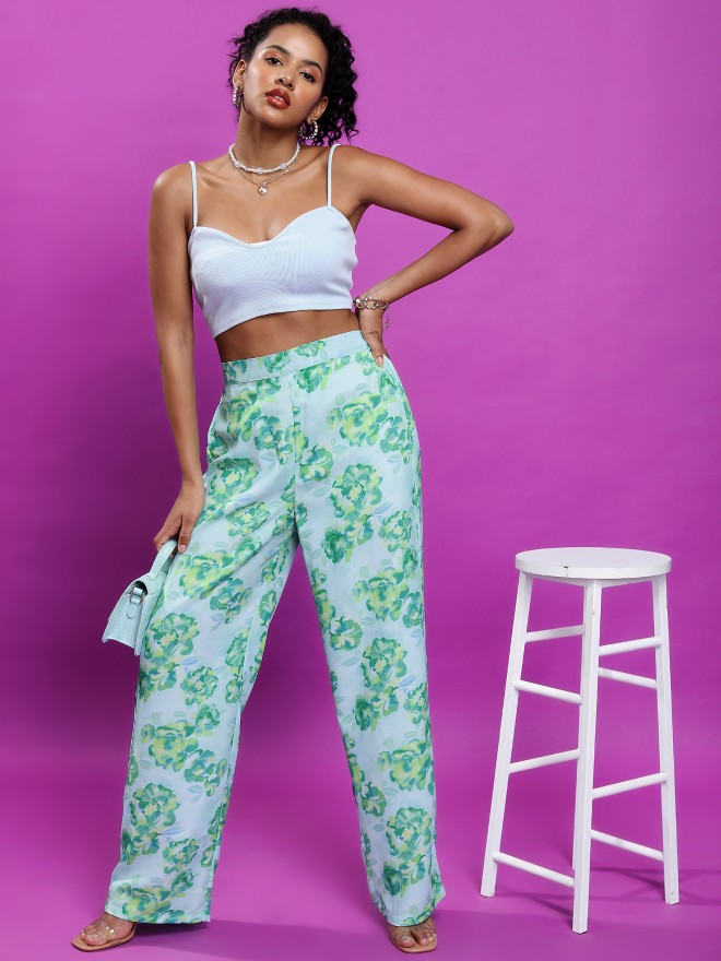 Tokyo Talkies Women Green Printed Flared Casual Trousers 