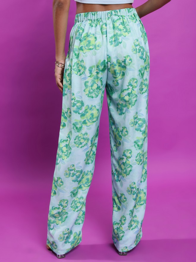 Tokyo Talkies Women Green Printed Flared Casual Trousers 