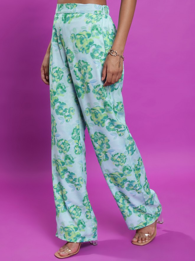 Tokyo Talkies Women Green Printed Flared Casual Trousers 