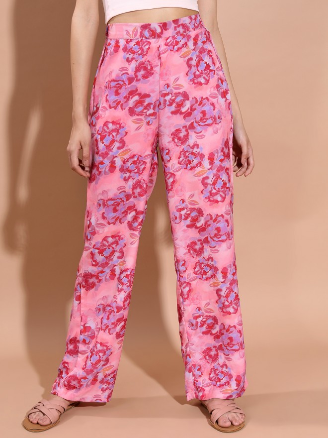 Tokyo Talkies Women Pink Printed Straight Fit Casual Trousers 