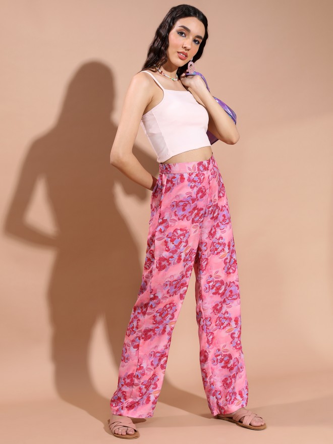 Tokyo Talkies Women Pink Printed Straight Fit Casual Trousers 