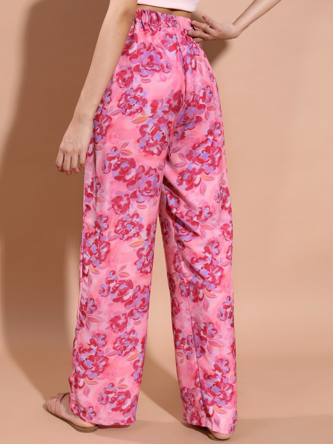 Tokyo Talkies Women Pink Printed Straight Fit Casual Trousers 