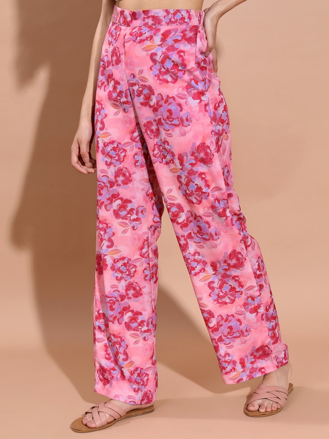 Tokyo Talkies Women Pink Printed Straight Fit Casual Trousers 