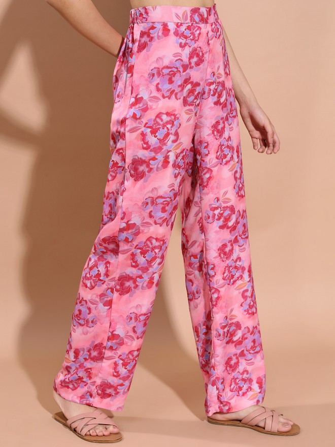 Tokyo Talkies Women Pink Printed Straight Fit Casual Trousers 