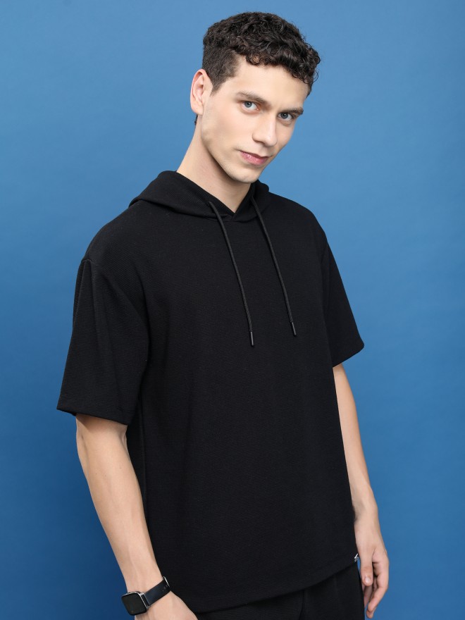 Ketch Men Black Solid Hood T-Shirts 