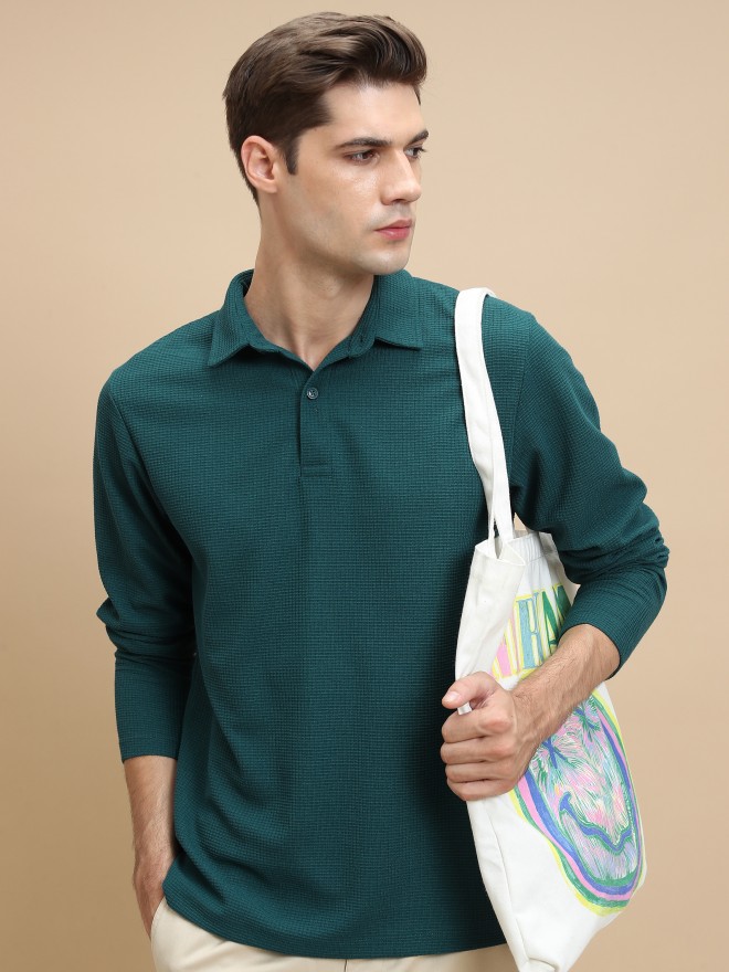 Highlander Men Green Solid Polo Collar Polo T-Shirts 