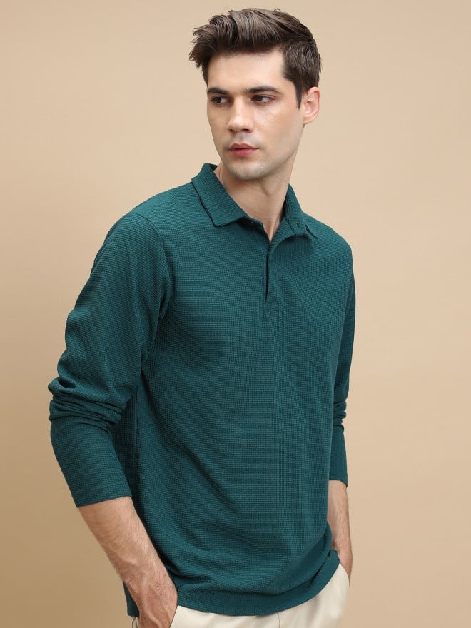 Highlander Men Green Solid Polo Collar Polo T-Shirts 