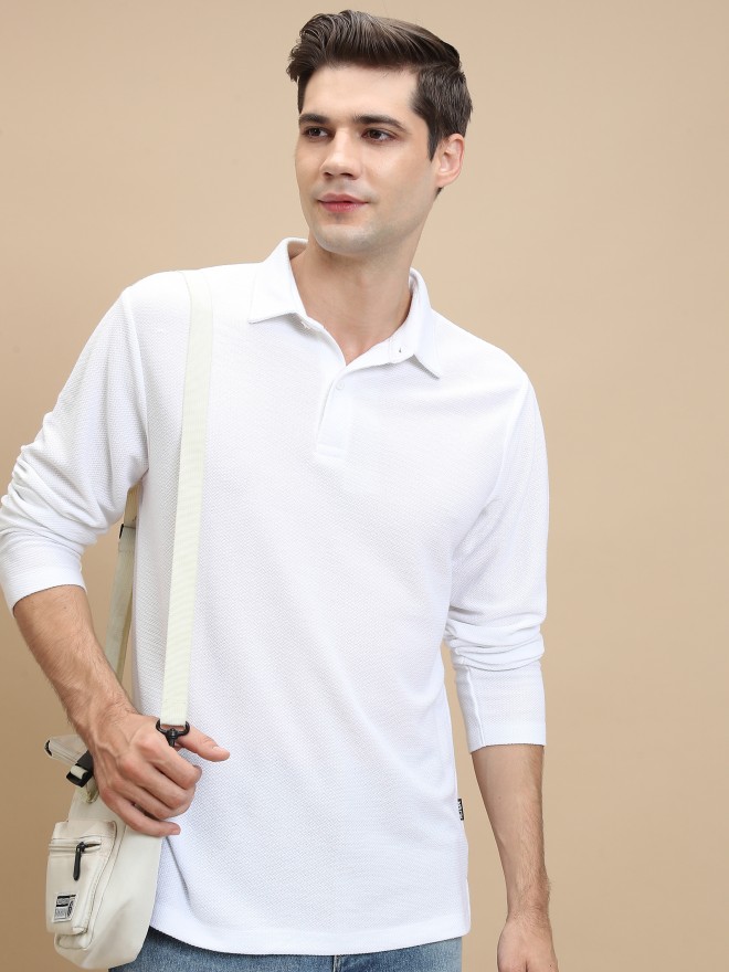 Highlander Men White Solid Polo Collar Polo T-Shirts 