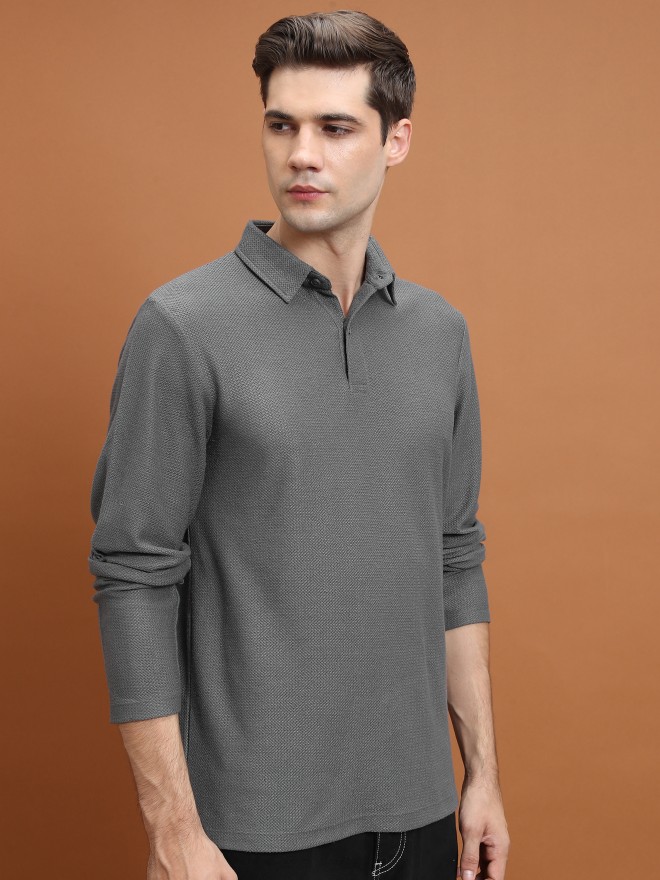 Highlander Men Grey Solid Polo Collar Polo T-Shirts 