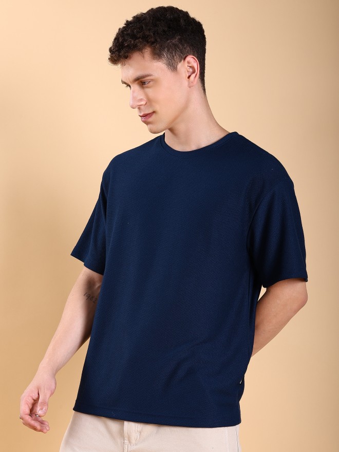 Buy Highlander Navy Solid Round Neck Oversized Fit T-Shirt for Men ...