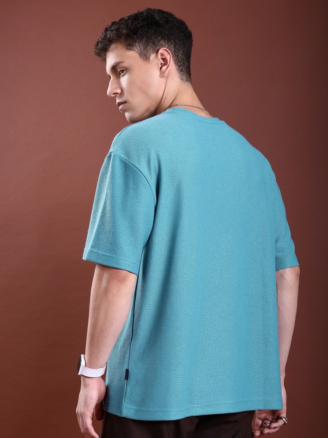 Highlander Men Blue Solid Round Neck Oversized Fit T-Shirt