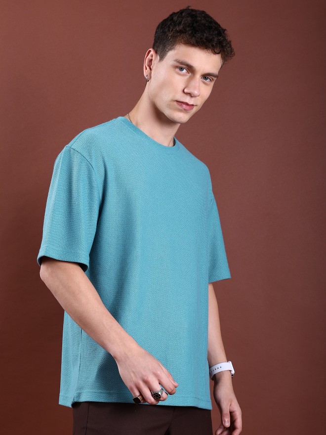 Highlander Men Blue Solid Round Neck Oversized Fit T-Shirt