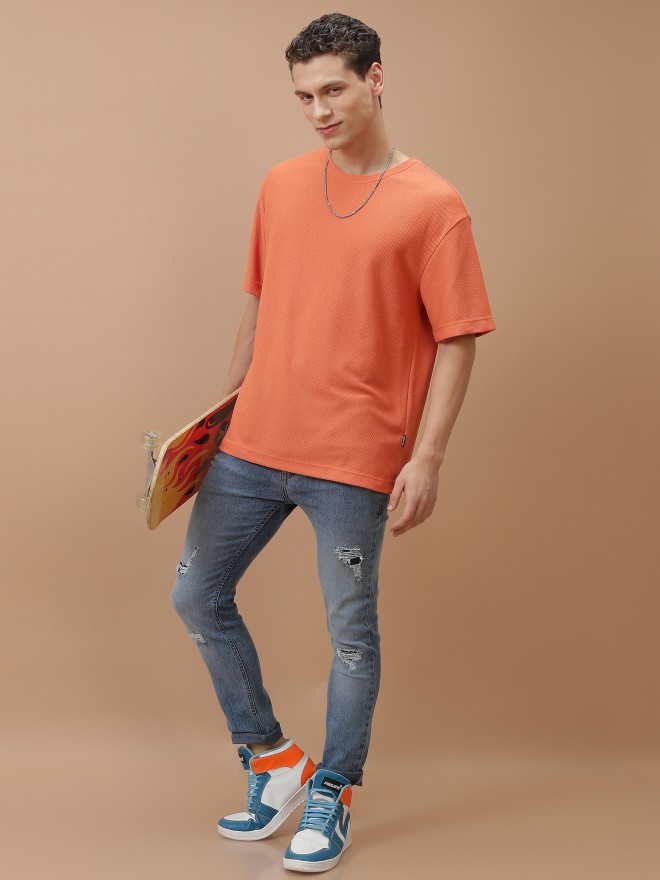 Highlander Men Orange Solid Oversized Fit T-Shirt