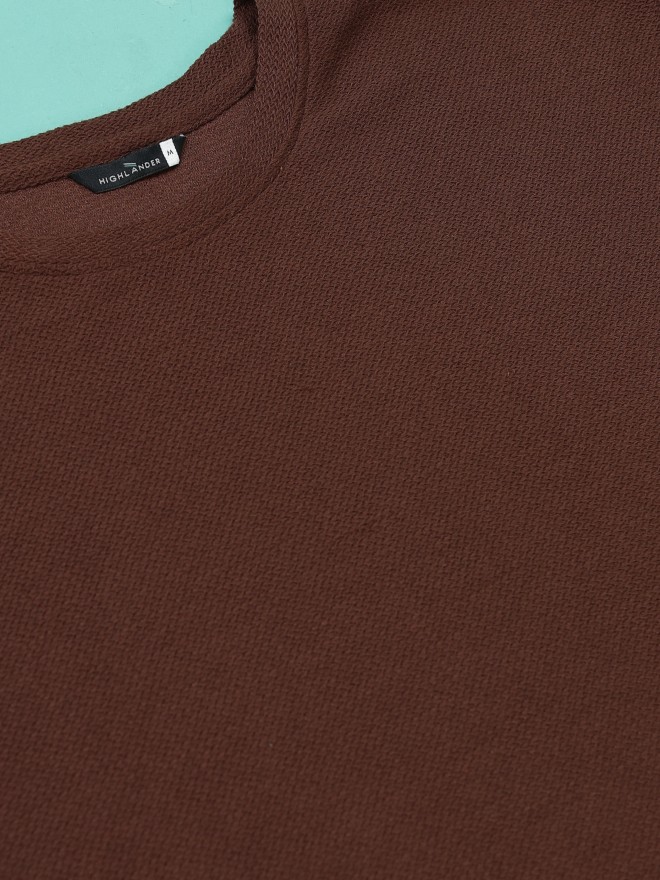 Highlander Men Brown Solid Round Neck T-Shirts 