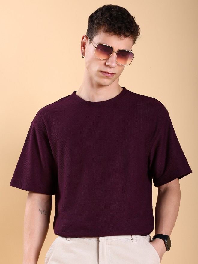 Highlander Men Burgundy Solid Round Neck T-Shirts 