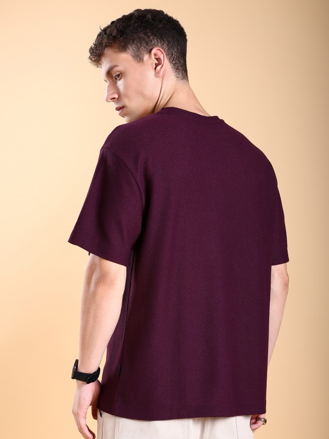 Highlander Men Burgundy Solid Round Neck T-Shirts 