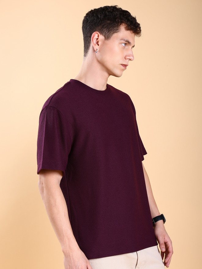 Highlander Men Burgundy Solid Round Neck T-Shirts 