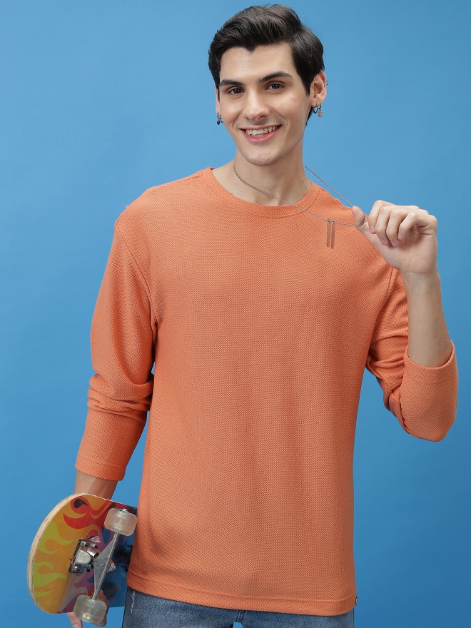 Highlander Men Orange Solid Round Neck T-Shirts 