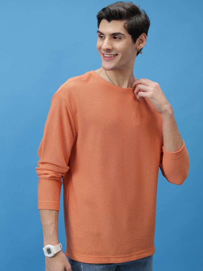 Highlander Men Orange Solid Round Neck T-Shirts 