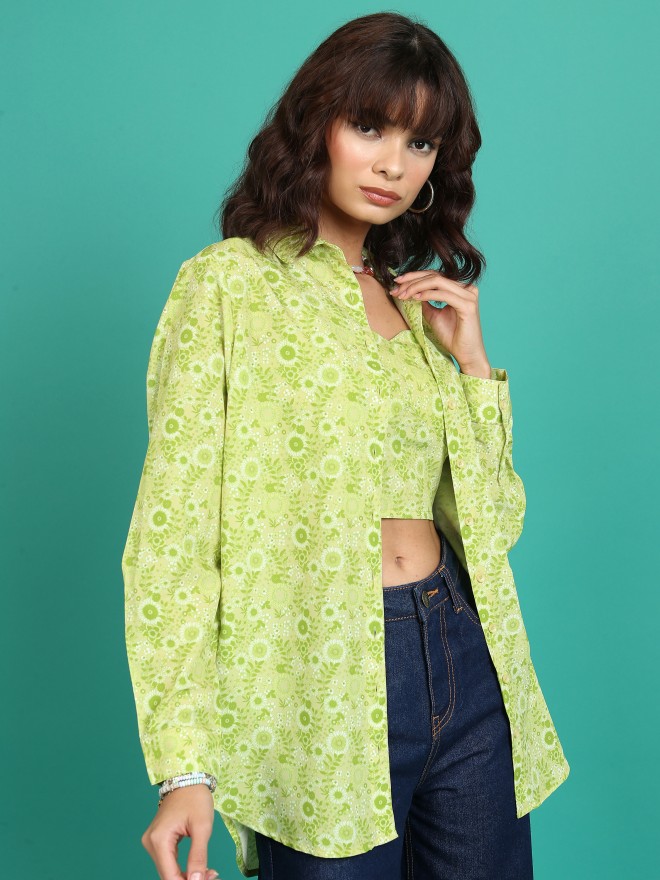 Buy Tokyo Talkies Lime Green Printed Shirt Style Top For Women Online