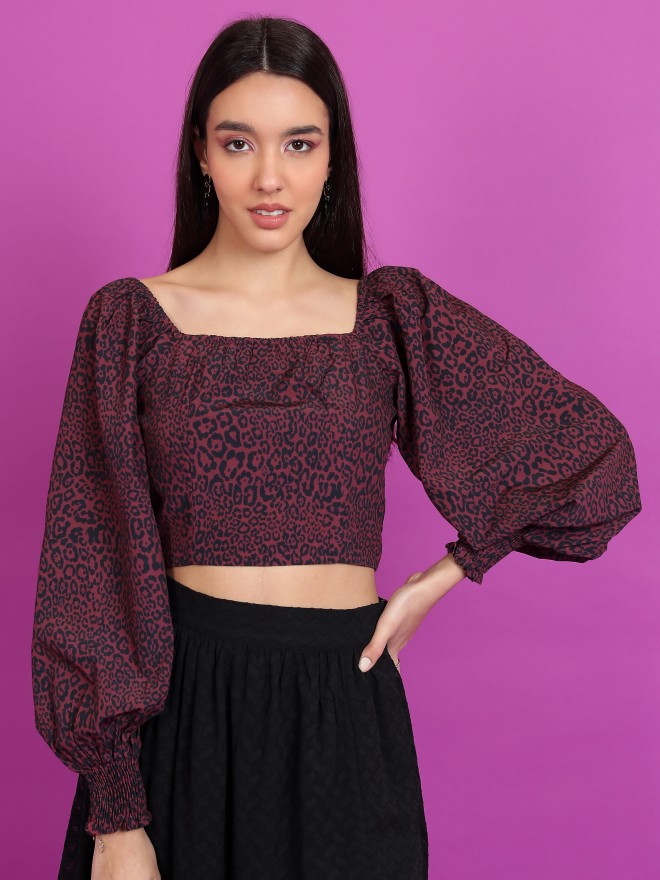 Tokyo Talkies Women Burgundy Printed Regular Tops 