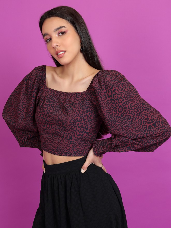 Tokyo Talkies Women Burgundy Printed Regular Tops 