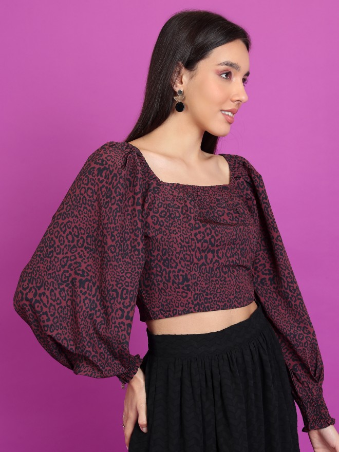 Tokyo Talkies Women Burgundy Printed Regular Tops 