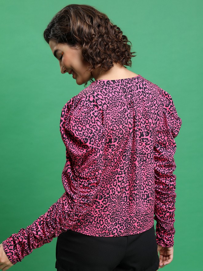 Tokyo Talkies Women Pink Printed Blouson Tops 