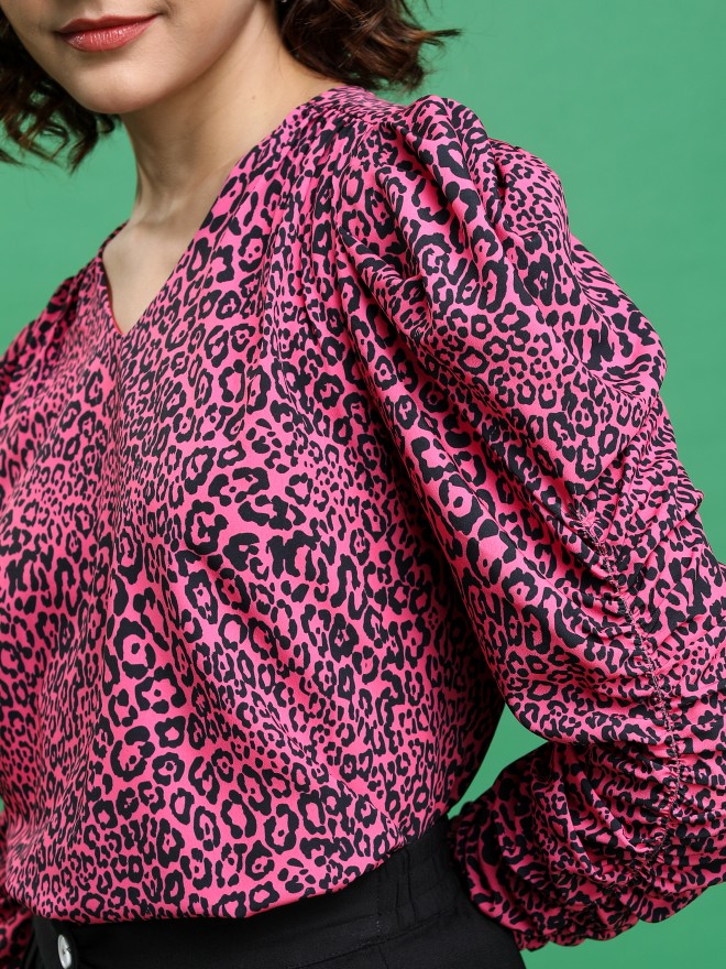 Tokyo Talkies Women Pink Printed Blouson Tops 