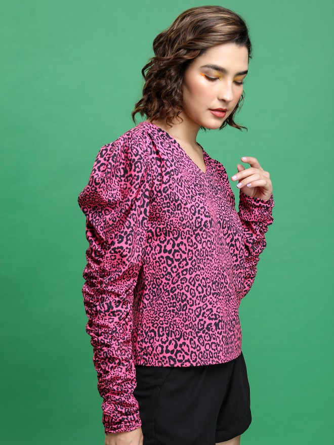 Tokyo Talkies Women Pink Printed Blouson Tops 