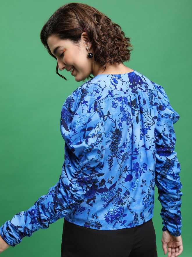 Tokyo Talkies Women Blue Printed Blouson Tops 