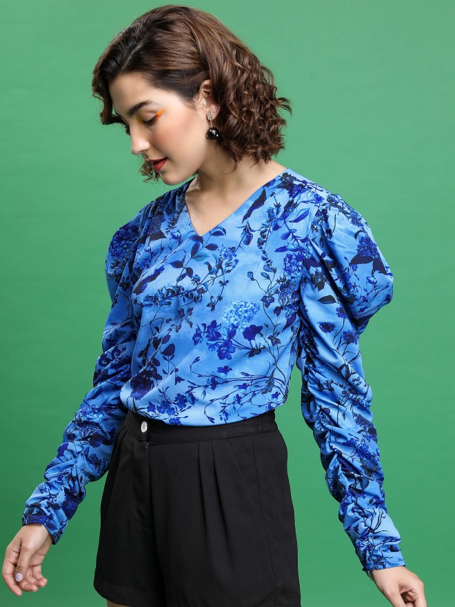 Tokyo Talkies Women Blue Printed Blouson Tops 