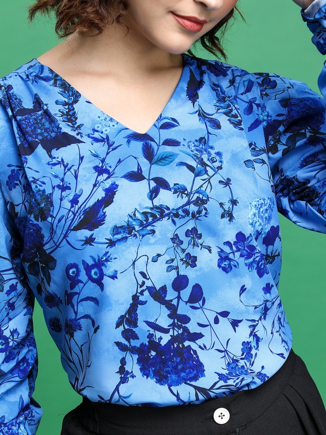 Tokyo Talkies Women Blue Printed Blouson Tops 