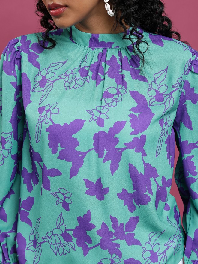 Tokyo Talkies Women Green Printed Blouson Tops 