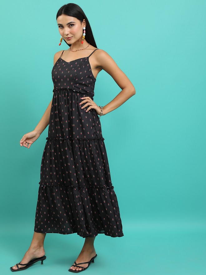 Tokyo Talkies Women Black Printed Fit And Flare Dresses 