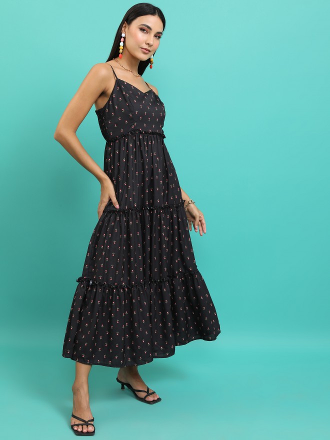 Tokyo Talkies Women Black Printed Fit And Flare Dresses 