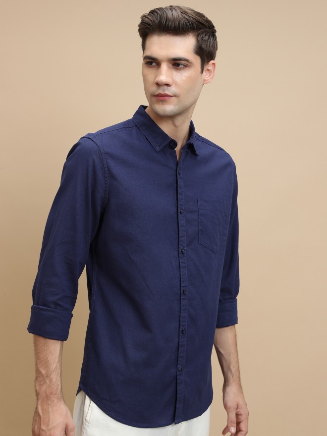 Highlander Men Blue Solid Slim Fit Casual Shirts 