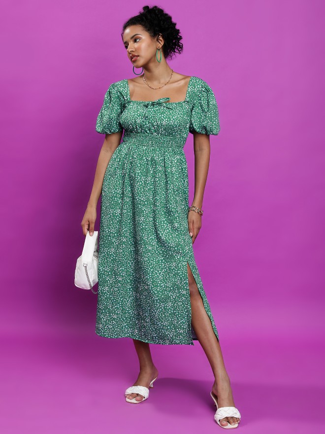 Tokyo Talkies Women Green Printed A-Line Dresses 