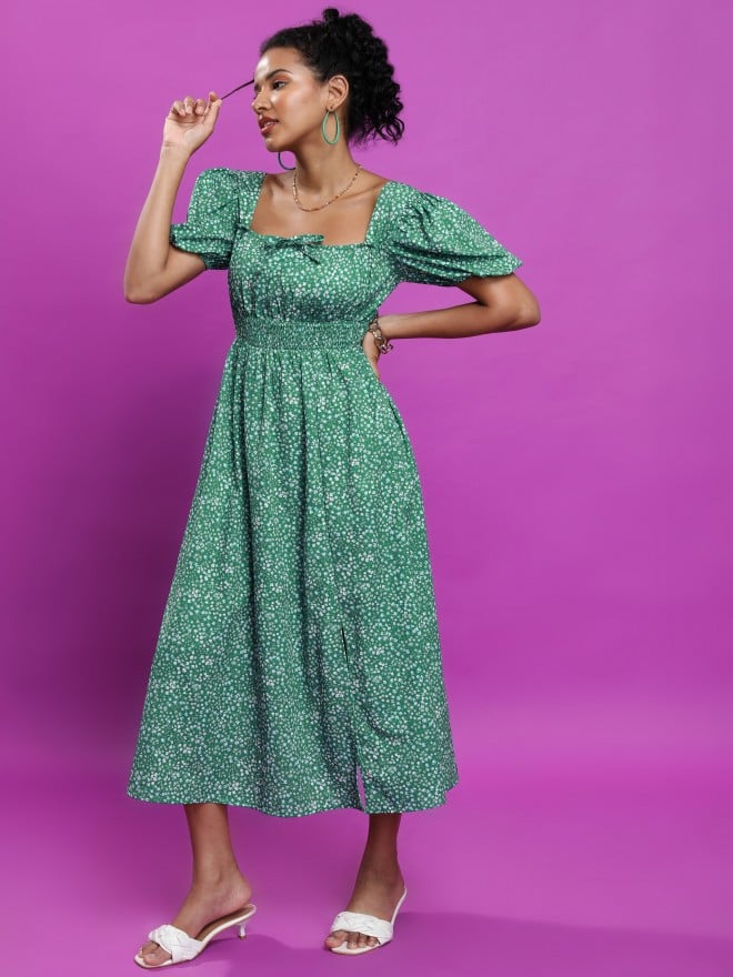 Tokyo Talkies Women Green Printed A-Line Dresses 