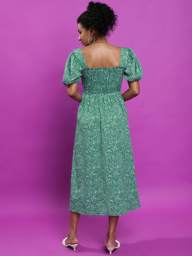 Tokyo Talkies Women Green Printed A-Line Dresses 