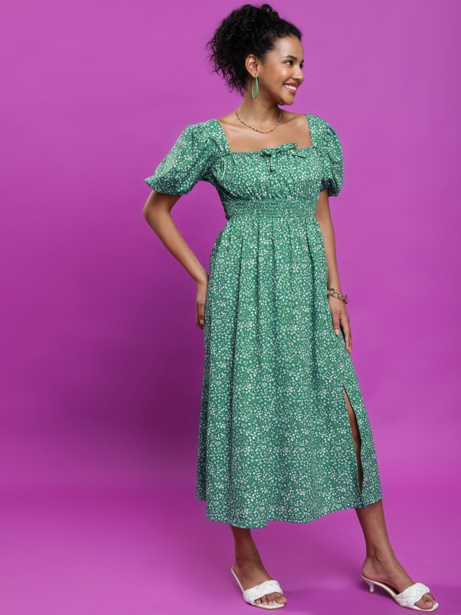 Tokyo Talkies Women Green Printed A-Line Dresses 