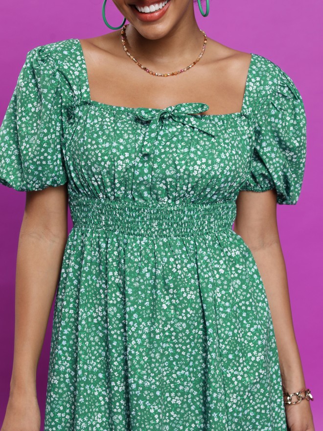 Tokyo Talkies Women Green Printed A-Line Dresses 