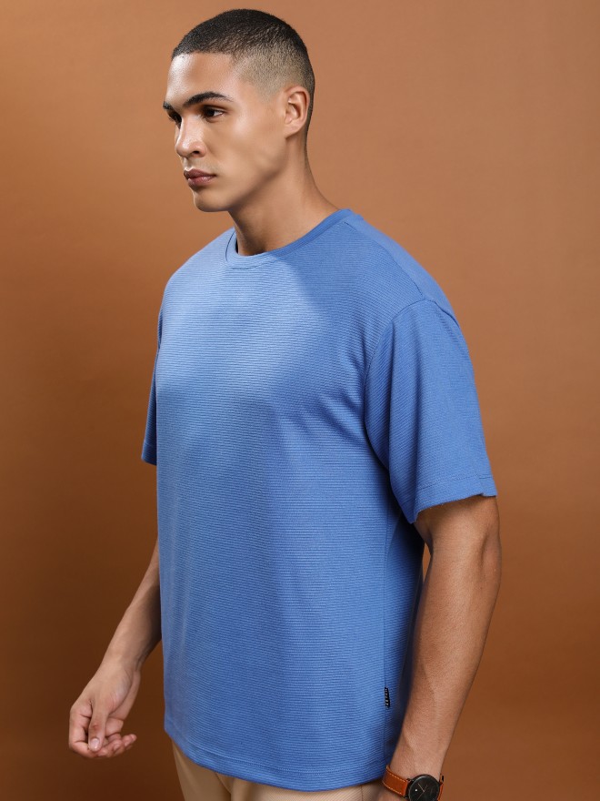 Ketch Men Blue Solid Round Neck Oversized Fit T-Shirt